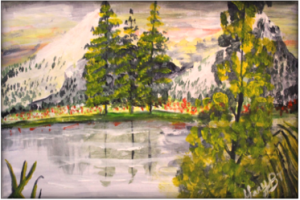 Painting of trees and a lake