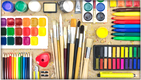 Background with painter tools and materials. Art supplies for